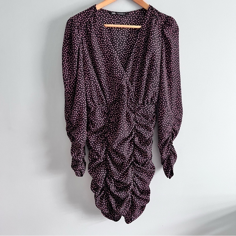 ZARA Ruched Pink Hearts All Over Print Long Sleeve Mini Dress Valentine - Picture 3 of 15